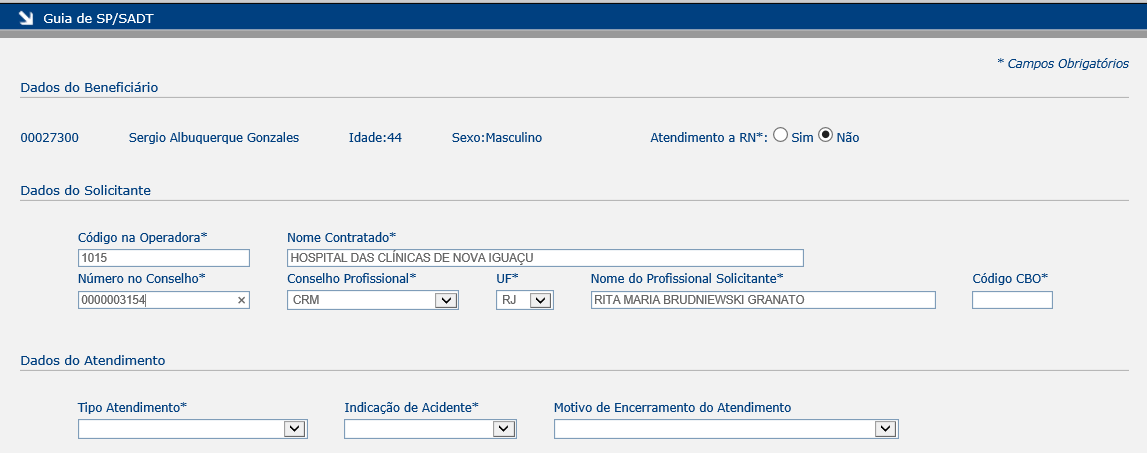 16. AUTOCOMPLETES PROFISSIONAL SOLICITANTE/EXECUTANTE E CBO Nas telas de dados complementares, das guias de autorização, é possível preencher os dados do profissional solicitante/executante, na parte