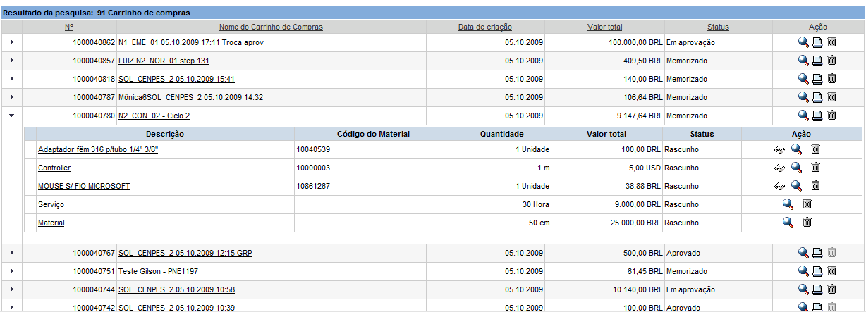 Status do carrinho disponível na tela de status VII.Consulta de Status - SRM 5.