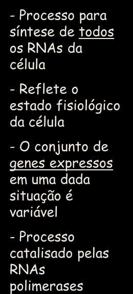 Reflete o estado fisiológico da célula - O conjunto de genes expressos em