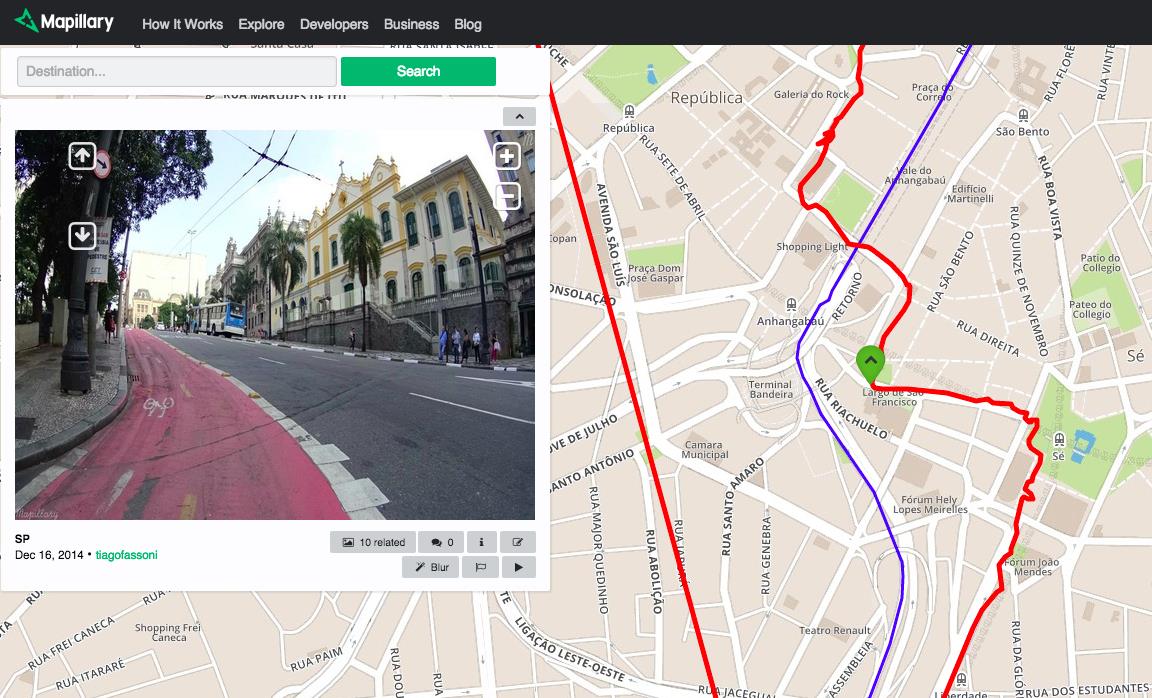 Mais tarde, ao se conectar em uma rede wifi, as imagens são enviadas para o site do Mapillary. As fotos enviadas são então exibidas como uma linha em um mapa.