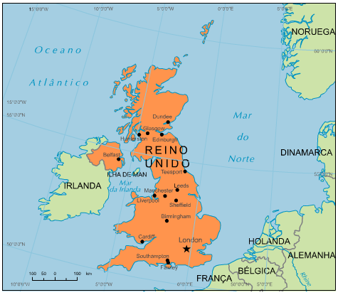 Dados Básicos Localizado no noroeste da Europa, o Reino Unido encontra-se entre o Oceano Atlântico, o Mar do Norte, o Mar da Irlanda e o Canal da Mancha.