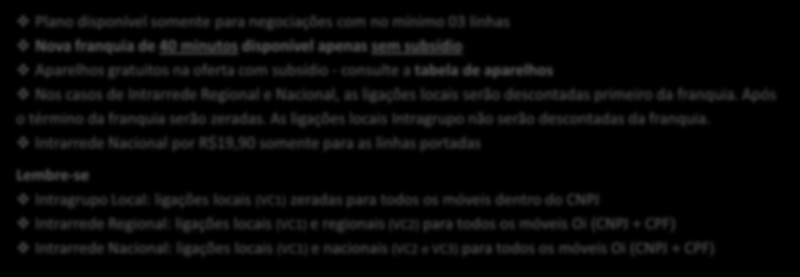 OI EMPRESA ESPECIAL Nova franquia de 40 minutos Franquias: Sem Subsídio: Tarifa VC1: Com Subsídio: 40 min R$ 8,00 R$ 0,20 Tarifa VC1: Linhas Novas: Intrarrede Nacional R$24,90* Linhas Portadas: