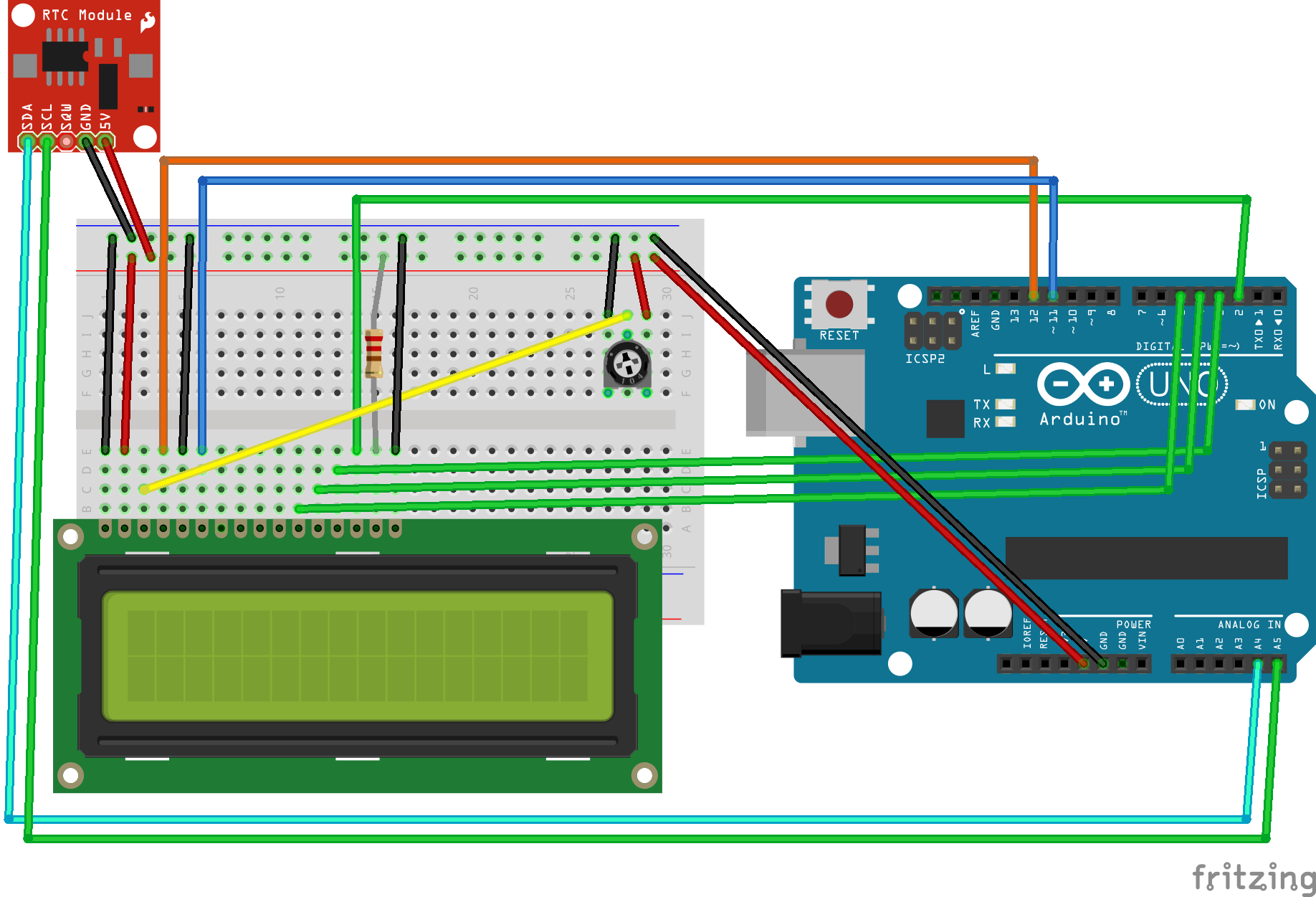 Passo 2: Montagem do circuito Acompanhar a sequência de montagem: Pino 1 do LCD ligado ao GND do Arduino; Pino 2 do LCD ligado ao 5V do Arduino; Pino 3 do LCD ligado ao pino central do potenciômetro