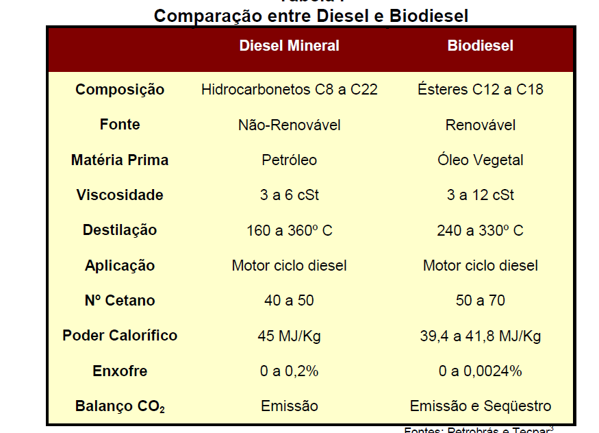 4 PROPRIEDADES E CARACTERÍSTICAS O diesel mineral e o biodiesel têm características muito parecidas no que diz respeito a aspectos físico-químicos, como densidade e poder calorífico, conforme se pode