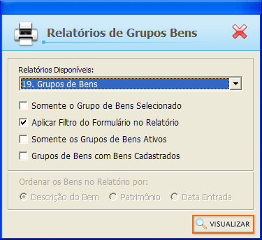 Relatórios de Grupos Bens Selecione as opções