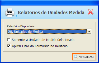 3.18.2. Relatórios Relatórios de Unidades Medida Selecione as opções de filtro e clique em VISUALIZAR. O relatório será gerado da seguinte forma: Relatório para Impressão 3.19.