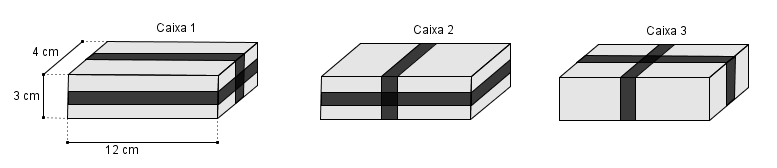 ª Questão Cada uma das caixas retangulares representadas nas figuras abaixo tem cm de comprimento, 4 cm de largura e 3 cm de altura e foram lacradas com uma fita adesiva preta.