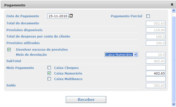 Várias operações são possíveis: registar entregas de provisões para despesas por conta do cliente, registar a realização de despesas por conta do cliente, facturar, receber facturas, consultar