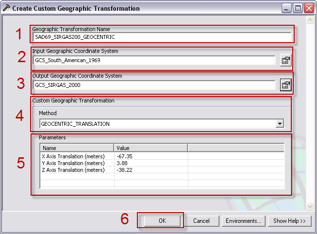 1)Em Geographic Transformation Name digite o nome da transformação. No nosso exemplo, colocamos como SAD69_ SIRGAS2000_GEOCENTRIC.