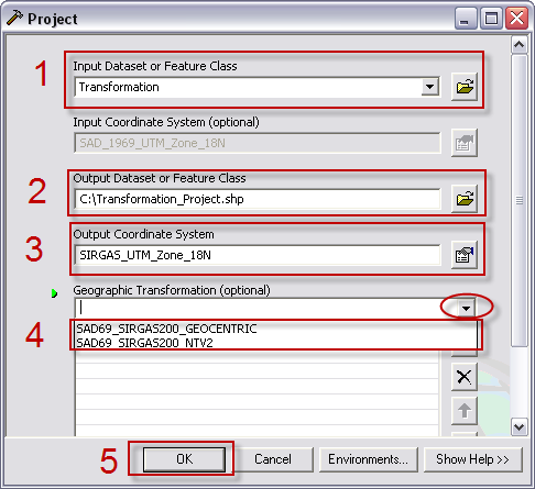 1) Em Input Dataset or Feature Class clique em e selecione o arquivo vetorial que deseja fazer a transformação. No nosso exemplo, o nome do arquivo é Transformation.