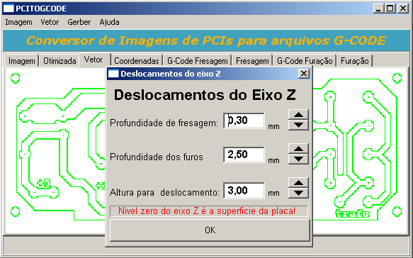 Antes de prosseguir é necessário definir algumas configurações que vão influenciar quando o código G for gerado. No menu Gerber clicar no item Definir curso do eixo Z.