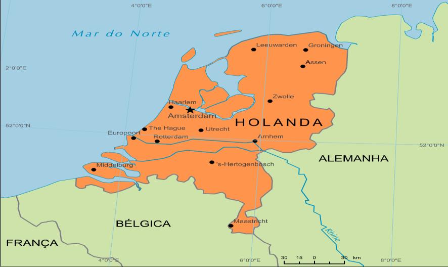 Dados Básicos Os Países Baixos, localizados no oeste da Europa, banhado pelo Mar do Norte ao oeste, faz fronteira com a Bélgica ao sul e com a Alemanha a leste.