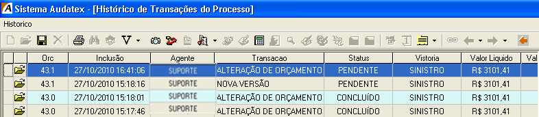 Os pareceres gerados ficam Bloqueados após transmissão do orçamento. 10 Histórico Permite visualizar o Histórico de todas as transações (alterações, inclusões, etc.) do orçamento.