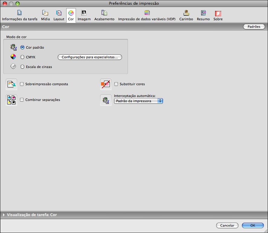 IMPRESSÃO NO MAC OS X 27 15 Clique no ícone Cor. 16 Especifique as opções de impressão colorida para a tarefa.