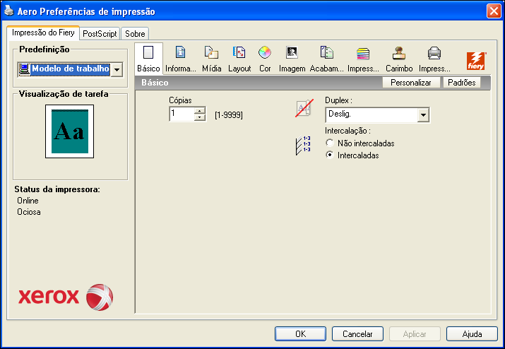 IMPRESSÃO NO WINDOWS 56 Personalização do ícone Básico O ícone Básico está localizado na guia Impressão do Fiery. É possível personalizá-lo com as opções de impressão usadas com freqüência.