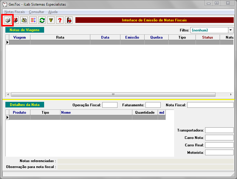 2) Já na interface de notas fiscais, selecionar o botão para emissão de nota fiscal de