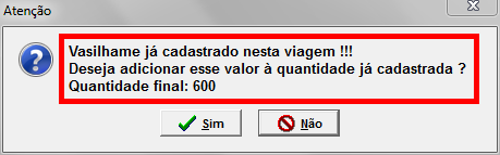 2) Selecionaremos então, na tela de inclusão de devolução, o mesmo vasilhame já existente, que, no nosso exemplo, é o de código 500.