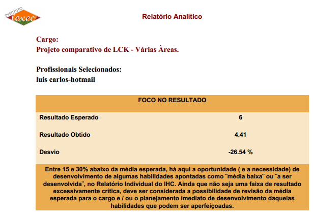 O relatório ANALÍTICO trará para cada uma das 13 competências um quadro conforme abaixo.