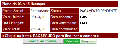 Na tela seguinte, selecione o Plano e a Quantidade de licenças que deseja comprar. O sistema calculará sozinho o Valor Total a ser pago.