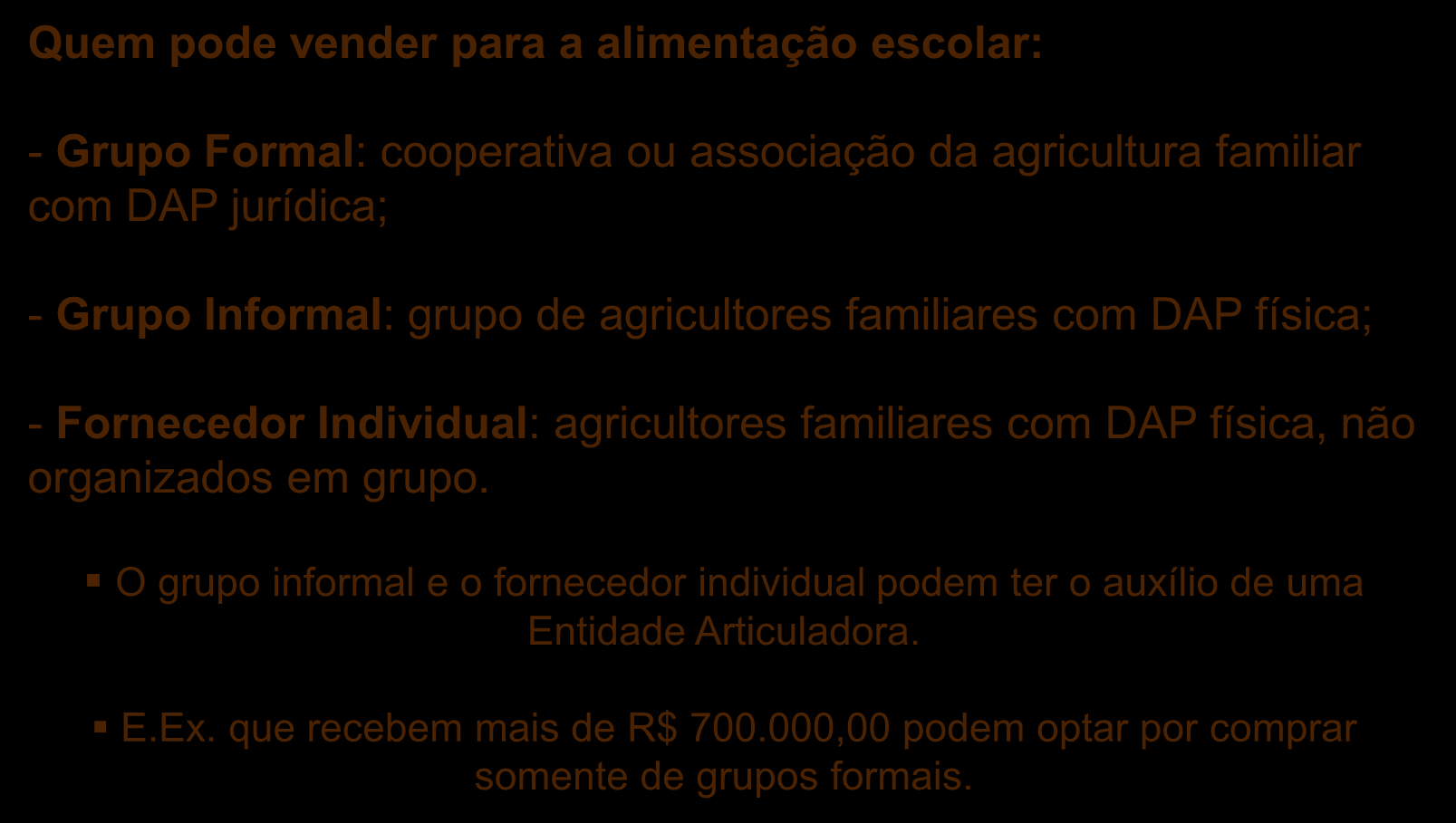 Resolução nº 26 de 17 de junho de 2013 Quem pode vender para a alimentação escolar: - Grupo Formal: cooperativa ou associação da agricultura familiar com DAP jurídica; - Grupo Informal: grupo de