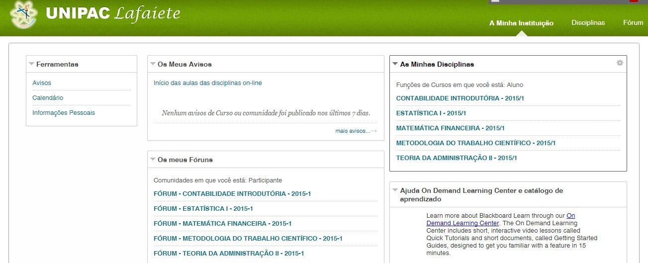 2. Acesso a Plataforma Blackboard A imagem abaixo mostra a tela inicial da Plataforma