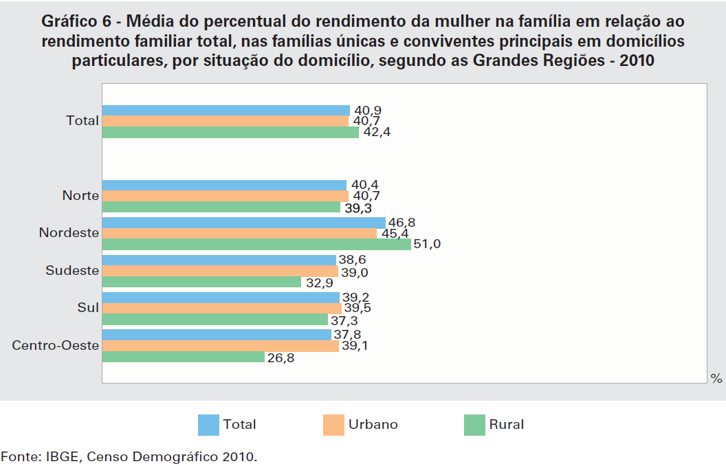 No Brasil, a média da contribuição do rendimento das mulheres foi de 40,9%, enquanto para os homens, a média da contribuição foi de 59,1%, em 2010.