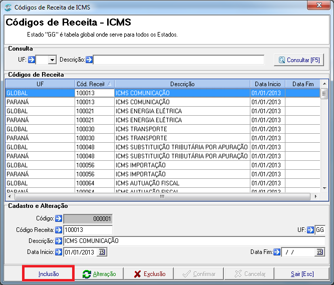 1. Códigos de receita ICMS. 1.1. Cadastro dos códigos de receita.