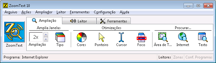 Janela do Usuário do ZoomText Quando se inicia o ZoomText a Janela do Usuário aparece na tela. Esta janela contém todos os controles necessários à operação do ZoomText.