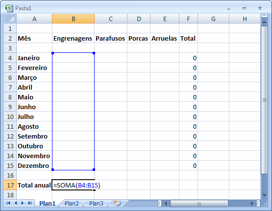 Quando a fórmula for muito grande, usaremos a função SOMA do Microsoft Office Excel 2007, que facilita o cálculo, somando todas as células especificadas.