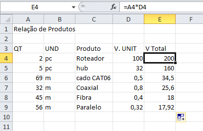 Para calcular o total você poderia utilizar o seguinte cálculo D4+D5+D6+D7+D8 porém isso não seria nada pratico em planilhas maiores.