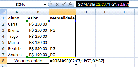 Vamos somar somente as mensalidades que estiverem pagas, assim você saberia o quanto já recebeu A função então ficará =SOMASE(C2:C7;"PG";B2:B7), explicando a função: Ao terminar de abrir o inicio da