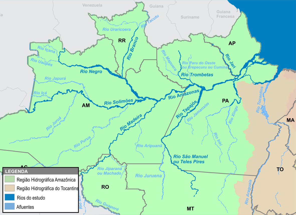 Relatório Técnico Bacia Amazônica Figura 1 - Região Hidrográfica Amazônica com seus principais rios e afluentes Os rios administrados pela AHIMOC e de maior relevância para este estudo encontram-se