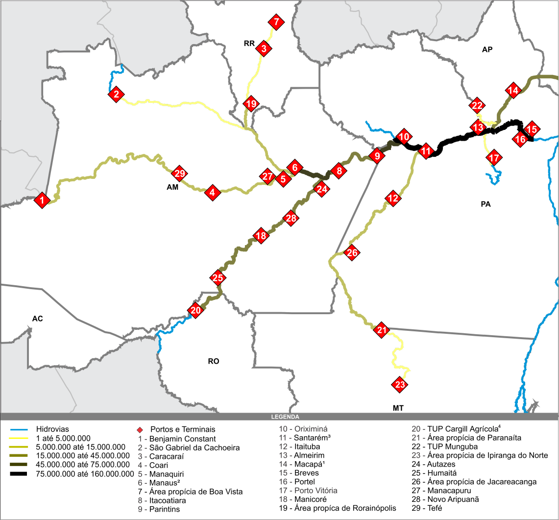 Bacia Amazônica Relatório Técnico Figura 36 - Carregamento nas hidrovias - Fluxo 2030 (t) De modo geral, os fluxos da bacia se dirigem a leste e à saída para o Atlântico.