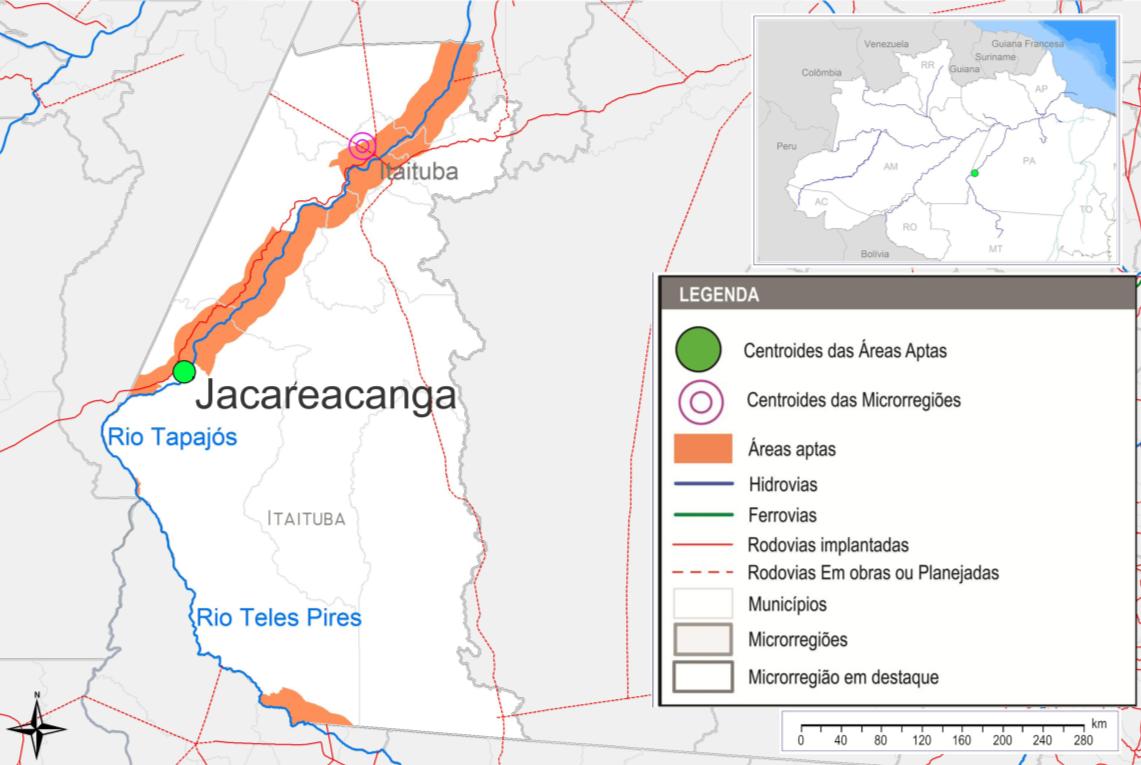 Relatório Técnico Bacia Amazônica Figura 41 - Área propícia de Jacareacanga A Tabela 32, a seguir, apresenta um comparativo entre as áreas propícias para instalação de terminais nas Hidrovias da