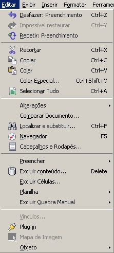 EDITAR Utilize os comandos deste menu para editar planilhas do Calc; por exemplo, para