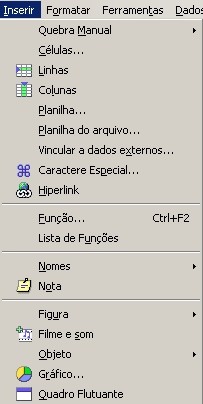 INSERIR Comparando com o Excel do Office Calc Excel O menu Inserir contém comandos para a inserção