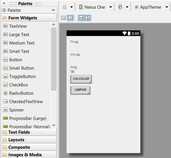 MODO GRAPHICAL LAYOUT DA INTERFACE Usando a opção Graphical Layout (a partir do arquivo XML) você poderá ver como os