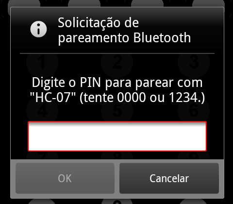 Após permitir que o smartphone fique visível, será exibida a tela para informar a senha de pareamento conforme mostra a figura abaixo, as senhas padrões são 0000 ou 1234, mas isso pode variar