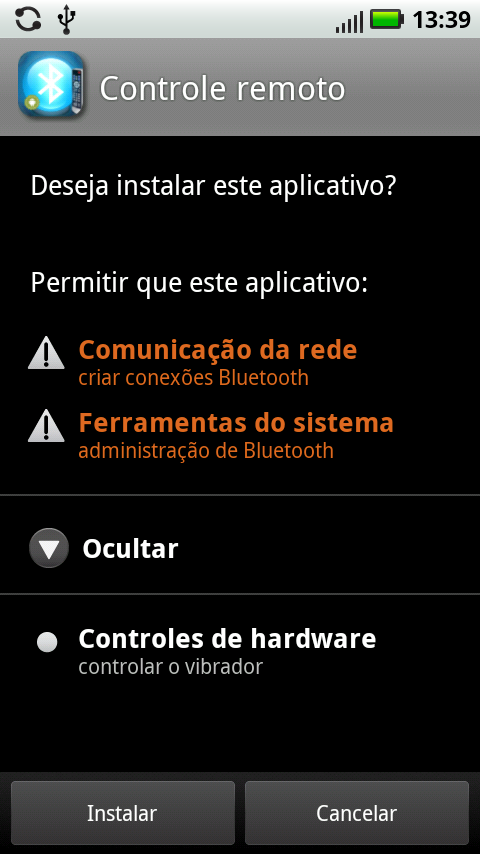 4. Instalação do Aplicativo Após ter realizado o download do aplicativo no Google Play, será iniciado a instalação, o aplicativo necessita que o usuário aceite as permissões abaixo.