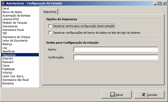 A seguir imagem da tela: Esta tela possui as opções: Desativar senha para configuração dessa estação: não permitirá que o aplicativo Configuração da Estação solicite senha antes de ser iniciado, nem