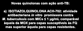 Inibidores beta-lactamase: NXL 104 Mecanismo de ação desconhecido: a) sudoterb Inibidores síntese de arabinana: BTZ 043 Novas quinolonas com ação anti-tb: a) ISOTIAZOLQUINOLONA ACH-702 b)