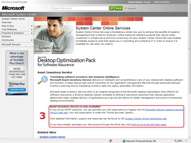 02. Clique no endereço sugerido. http://www.microsoft.com/systemcenter/sconline/default.m spx Passo 02 Selecione a opção AIS. 03.