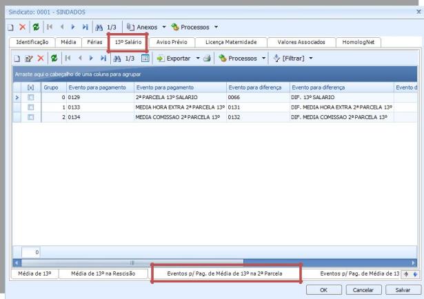 Exemplo: Eventos cadastrados na aba 13º Salário Sub-aba Eventos p/ pag. de Media de 13º na 2º Parcela. Grupo 0: Evento de Pagamento: CC 102-2ª parcela de 13º salário. Evento de Diferença: CC 66 - Dif.