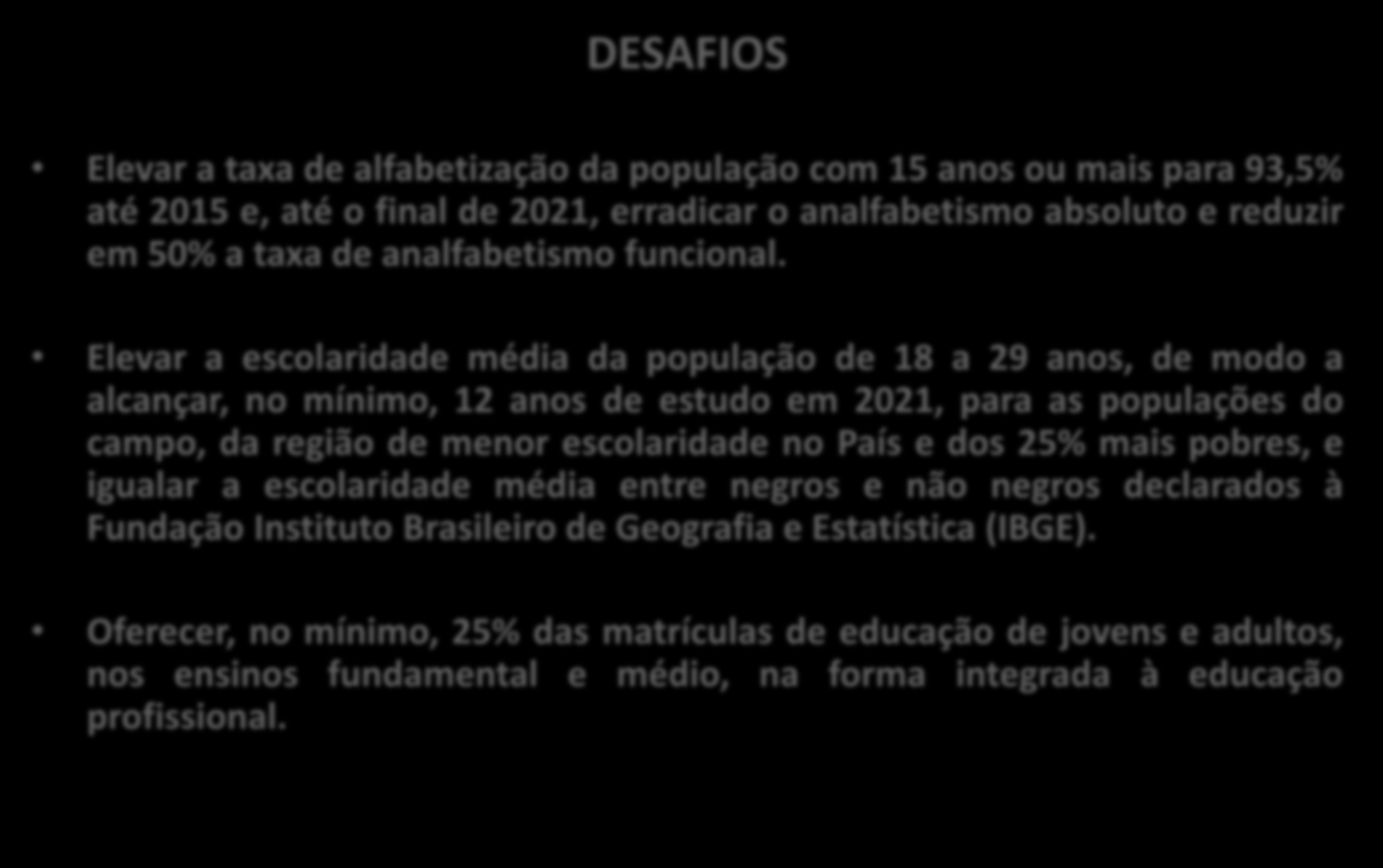 EDUCAÇÃO DE JOVENS E ADULTOS Agenda Territorial de Desenvolvimento Integrado de Alfabetização e Educação de Jovens e Adultos DESAFIOS Elevar a taxa de alfabetização da população com 15 anos ou mais