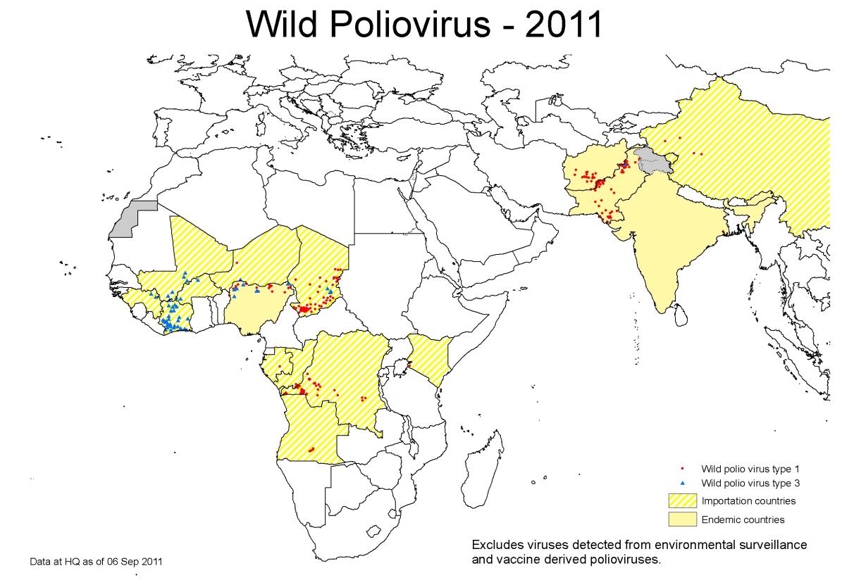 Poliomielite em 2010 e em 2011: Surtos Decorrente de Importações Surtos: 2010 Tajikistão: 458 casos