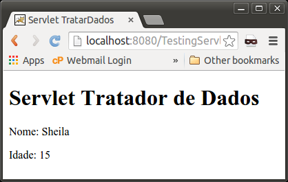 Tratamento da requisição public class TratarDados extends HttpServlet { protected void doget(httpservletrequest request, HttpServletResponse response)throws ServletException, IOException{ response.