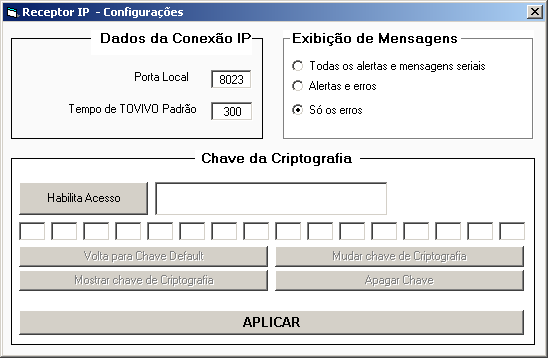 4.4 Interface Serial Esta aba possui configuração para o Receiver e para interface serial Tempo para que o RECIP envie um Hearth Bit para o Software de Monitoramento.