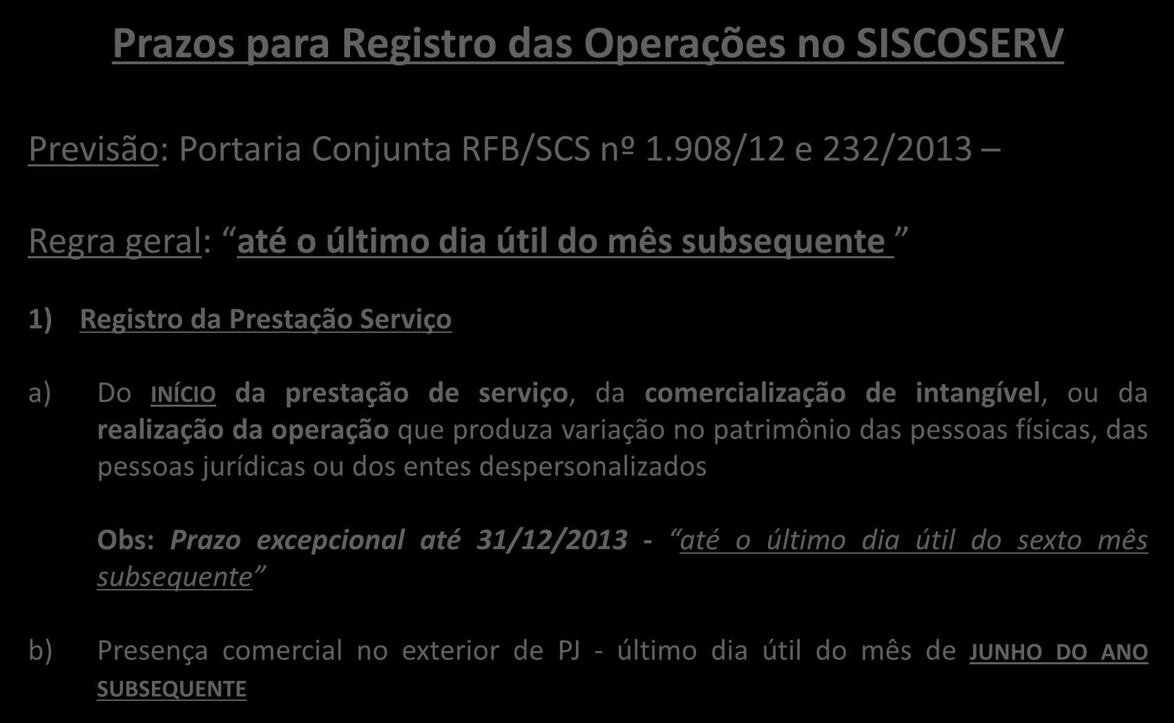 Prazos para Registro das Operações no SISCOSERV Previsão: Portaria Conjunta RFB/SCS nº 1.