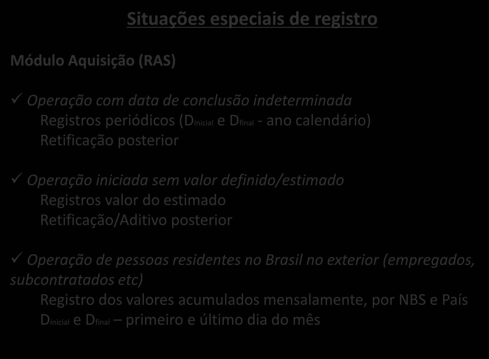 Módulo Aquisição (RAS) Situações especiais de registro Operação com data de conclusão indeterminada Registros periódicos (Dinicial e Dfinal - ano calendário) Retificação posterior Operação iniciada