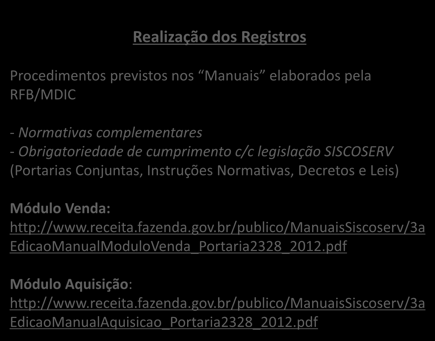 Realização dos Registros Procedimentos previstos nos Manuais elaborados pela RFB/MDIC - Normativas complementares - Obrigatoriedade de cumprimento c/c legislação SISCOSERV (Portarias Conjuntas,